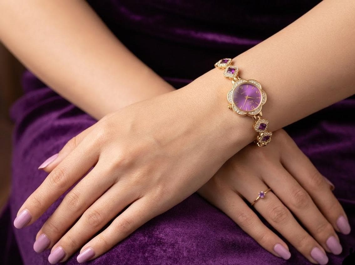 Purple Stone Studded Designer Bracelet Watch for Women