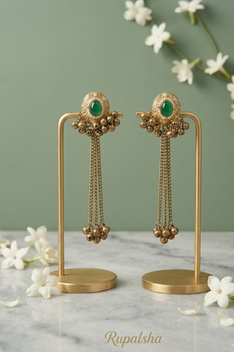 Royal Green Stone Kashmiri Tassel Earrings for Women