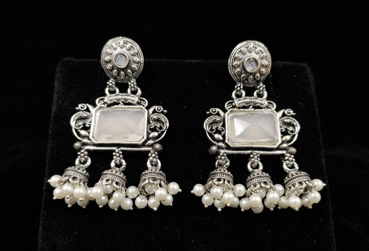 Royal White Stone Oxidised Pearl Jhumka Earrings for Women