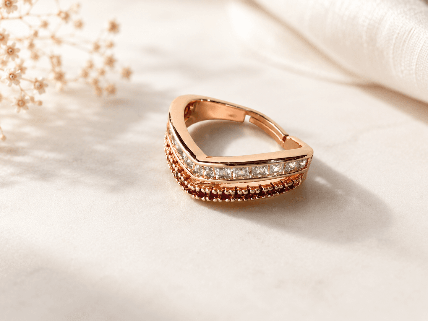 V-Shaped Ruby Stack Adjustable Ring