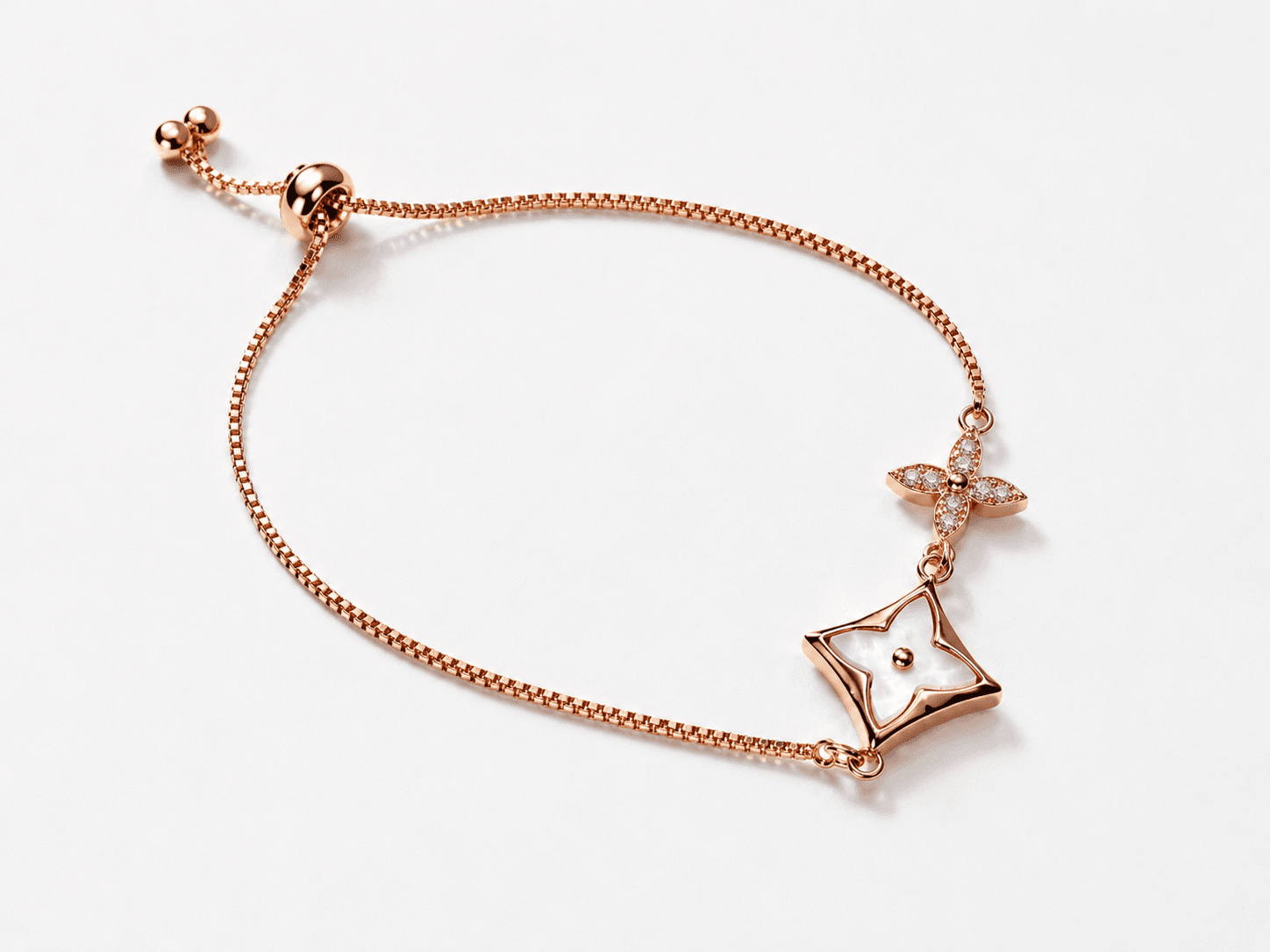 Rose Gold White Enamel Floral Charm Adjustable Bracelet for Women